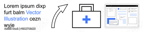 Healthcare, first aid, digital tools, online services, medical design, emergency response. Blue cross-marked first aid kit next to a web interface layout. Healthcare and online services