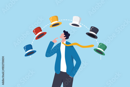 Six thinking hats idea, role responsibility or difference objectives, thought or mindset, planning to solve problem, psychology concept, businessman thinking to choose between six thinking hats.