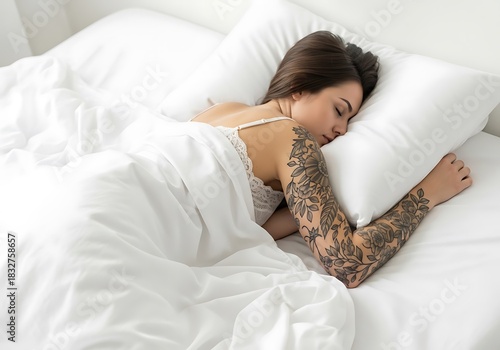 Peaceful young woman with artistic tattoo sleeping comfortably in pristine white bed.