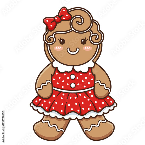 Gingerbread girl with a red bow and a red polka dot dress