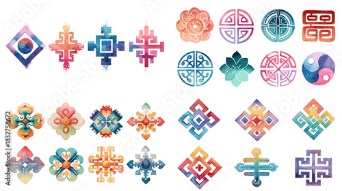A colorful collection of Asian inspired symbols and geometric motifs illustrated in soft gradients, ideal for cultural design, decorative patterns, and artistic themes.