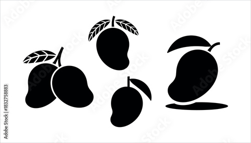 Black silhouette icons of mangoes with leaves on a white background fruit