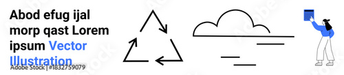 Sustainability, education, technology, environmental awareness, weather forecasting, reading. Recycling symbol, cloud lines and person holding a book. Sustainability and education concepts