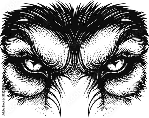 `Mysterious dark creature face silhouette with furry details and an intense gaze`