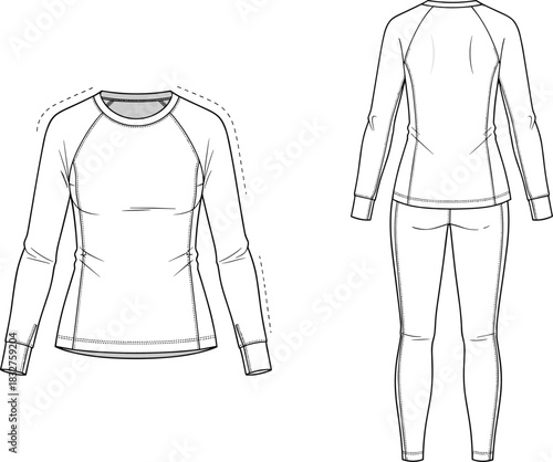Athletic wear sketch, technical drawing, sportswear design, leggings and top, fashion illustration, activewear template, front and back view, garment blueprint