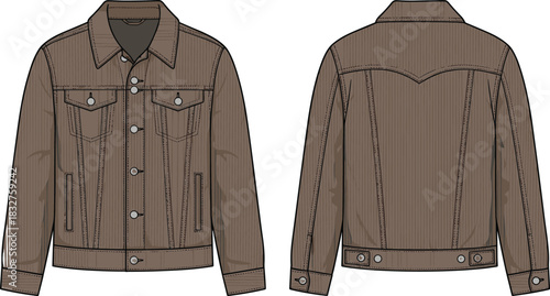 Brown denim jacket technical sketch, front and back view, fashion illustration, garment blueprint, outerwear design, vector drawing, clothing template