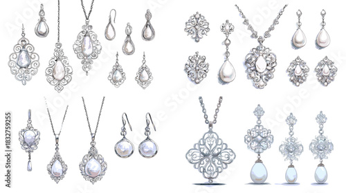A refined collection of silver jewelry featuring pendants, earrings, and ornate designs with delicate metalwork, ideal for luxury, fashion, and accessory themes.