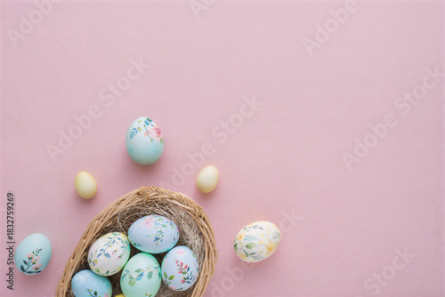 Pastel Easter Eggs in Wicker Basket on soft pastel Pink with a slight mauve-tinted undertone Background with Floral Decoration and Copy Space