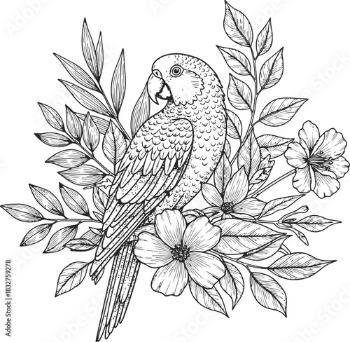 Budgerigar bird illustration with botanical leaves and blooming flowers on black background