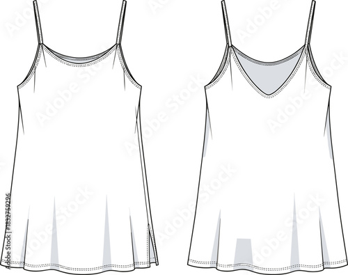Camisole top fashion sketch, technical garment illustration, spaghetti straps, scoop neckline, flared silhouette, front and back view, Adobe Stock