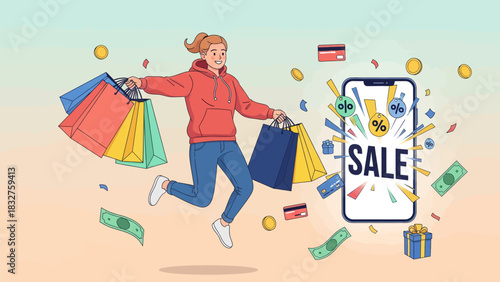 A joyful woman jumps with multiple shopping bags next to a smartphone displaying a 'SALE' message, surrounded by money and credit cards, illustrating online shopping and discounts.