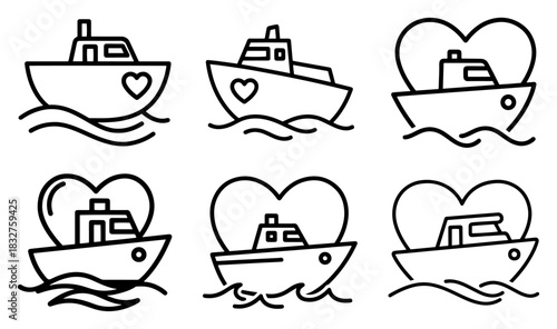 Set of boat icons with heart symbols romantic ship line art vector illustration
