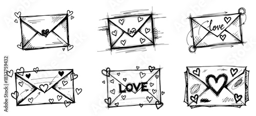 Hand drawn love envelopes vector set with hearts and sketch style details for Valentines Day