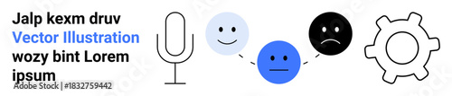 Emotional analysis, communication systems, voice recognition, customer support, user feedback, technology workflow. Microphone, happy faces and gear icon connected. Emotional analysis