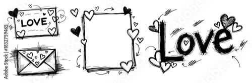Hand drawn love doodle set with hearts envelope and frames Vector black and white sketch illustration for Valentines Day