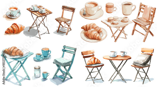 A charming collection of cafe chairs, tables, croissants, and coffee cups illustrated in warm tones, perfect for bakery themes, breakfast visuals, and cozy lifestyle designs.