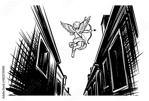 Cupid flying between city buildings vector black and white sketch illustration of an angel with a bow in an urban alley from a low angle view
