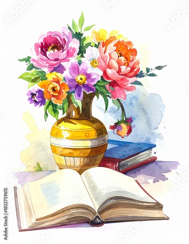 Open book and colorful  bouquet in a vase, watercolor illustration, reading vibes,  still life painting