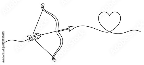 Cupid bow and arrow shooting a love heart in continuous line art style vector illustration for Valentines Day cards