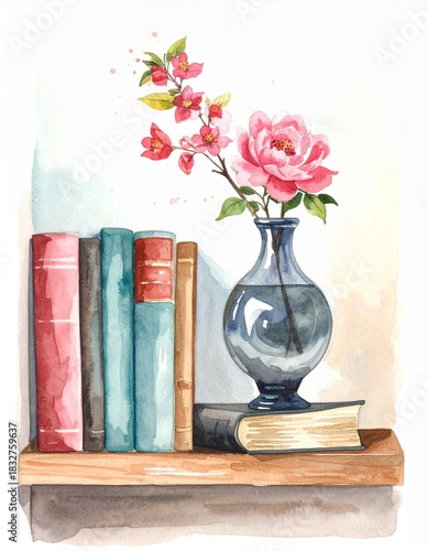  Books and flowers in a glass vase standing on a rack aesthetic watercolor illustration for book-lovers,  still life painting