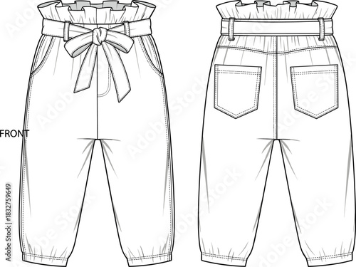 Children’s paperbag waist pants, front and back view, fashion illustration, fabric belt, elastic hem, garment sketch, casual wear, technical design