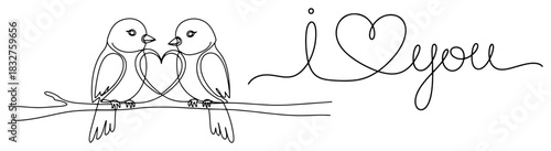 Continuous one line drawing of two cute birds sitting on a branch forming a heart shape with I love you text romantic vector illustration