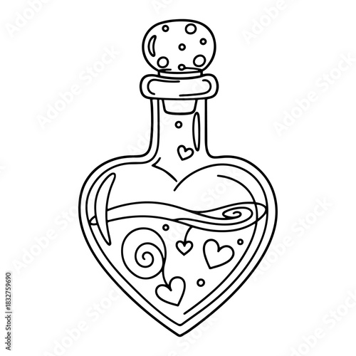 Heart shaped magic potion bottle vector illustration black and white outline drawing of a love elixir flask with stopper and liquid swirls