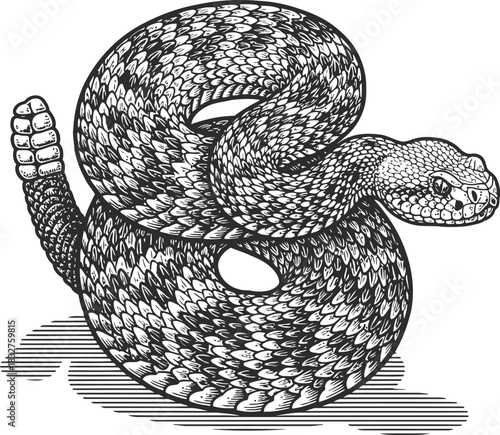 Coiled rattlesnake illustration in dark monochrome style with defensive posture