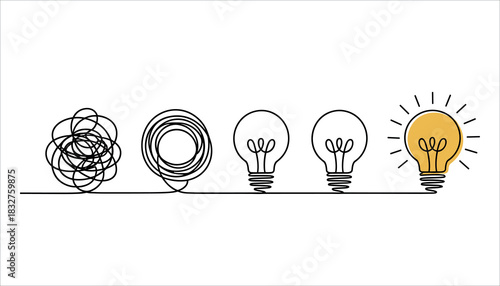 Chaotic line transforms into clear light bulb idea on white background concept thinking