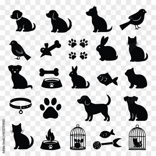 Collection of various pet animal silhouettes and related items vector illustration