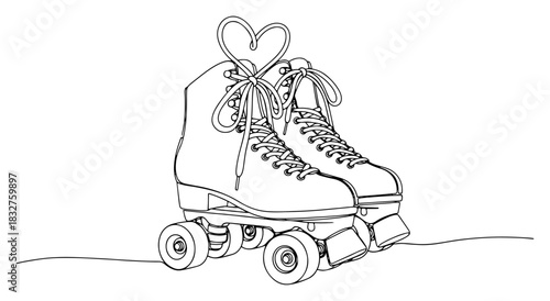 Continuous line drawing of retro roller skates with laces forming a heart shape vector illustration for sport or romantic design