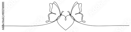 Continuous one line drawing of two butterflies with wings forming a heart shape minimalist vector illustration of nature and romantic love