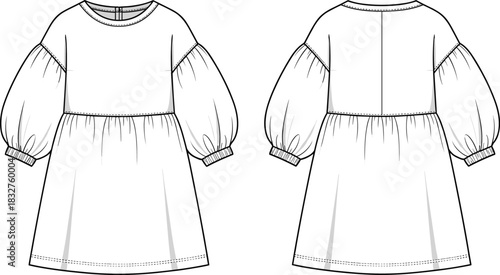 Fashion flat sketch, puff sleeve dress, technical illustration, front and back view, gathered skirt, high waistline, garment blueprint, Adobe Stock