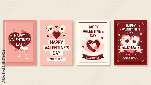 A collection of four illustrated Valentine's Day greeting card designs in shades of pink and red, featuring hearts, playing cards, and romantic typography.