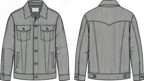Denim jacket technical sketch, front and back view, fashion illustration, garment blueprint, outerwear design, vector template, clothing construction drawing
