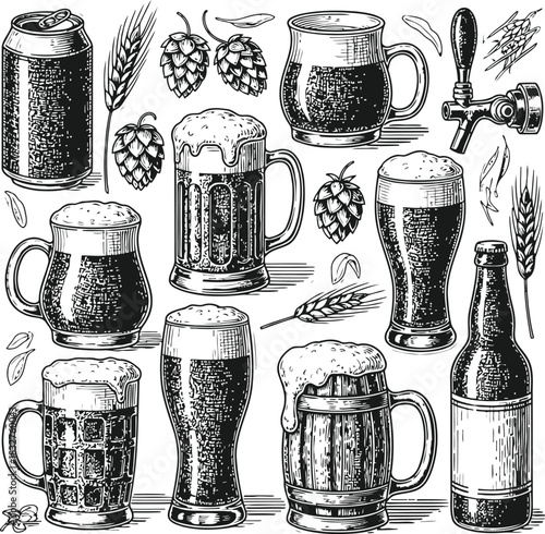 Craft beer elements pattern with mugs bottles and hops for beverage industry background