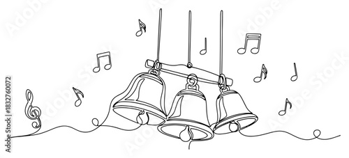 Continuous one line drawing of three ringing bells hanging together with musical notes and melody symbols
