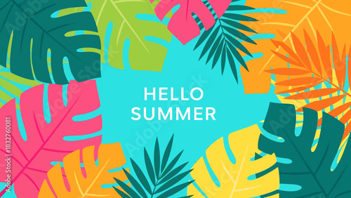 Vibrant tropical leaves frame a turquoise background with 'HELLO SUMMER' text, evoking a cheerful summer holiday feeling.