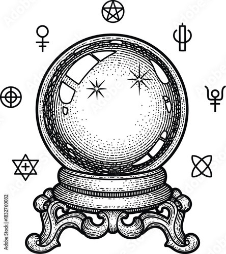 Crystal ball with mystical esoteric symbols for fortune telling and future prediction
