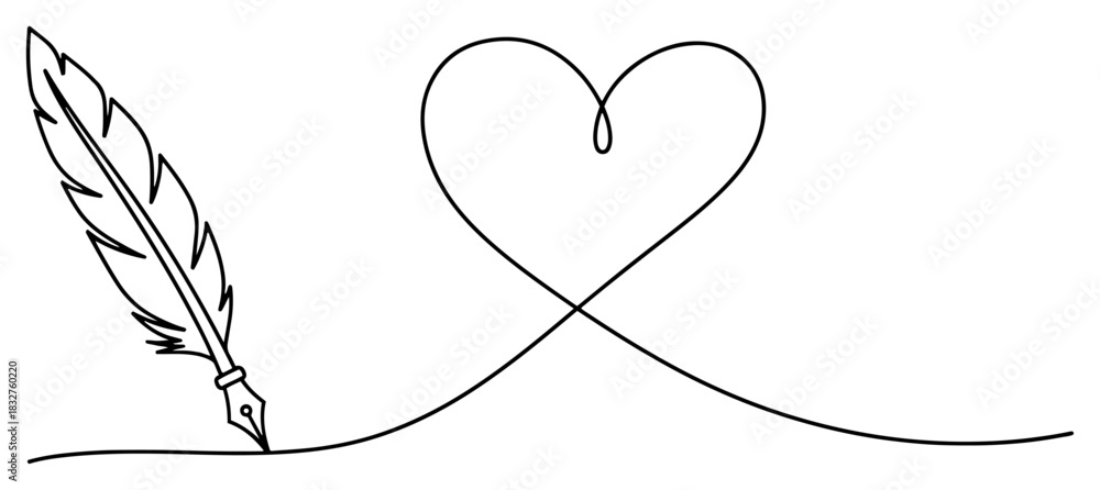 Fototapeta premium Feather quill pen drawing a heart shape in continuous one line art style vector illustration for romantic poetry or love letter