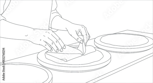 Line Art Illustration: Hands Preparing Food, Folding Crepe or Pancake on a Plate