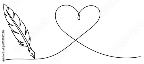 Feather quill pen drawing a heart shape in continuous one line art style vector illustration for romantic poetry or love letter