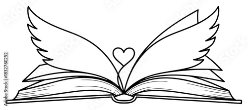 Open book with flying pages resembling wings and heart symbol vector illustration for romantic story or education design