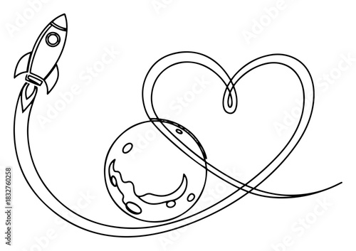 Continuous one line drawing of a rocket flying around the moon with a smoke trail forming a heart shape romantic vector illustration for Valentines Day