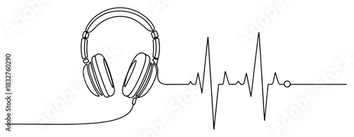 Continuous one line drawing of headphones with a wire forming a heartbeat pulse sound wave minimalist vector illustration of music and rhythm