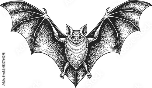 Dark bat silhouette with spread wings and visible fangs on a black background