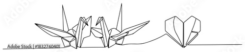 Continuous one line drawing of two paper origami cranes facing each other next to a geometric heart