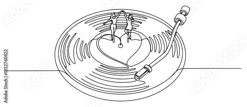 Vinyl record player with dancing couple forming heart shape continuous one line drawing romantic music vector