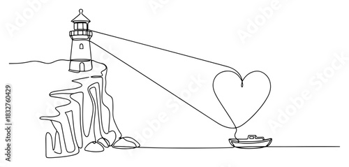 Continuous one line drawing of a lighthouse on a cliff projecting a heart shaped light beam onto a boat