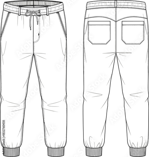 Jogger pants design, front and back view, fashion illustration, elastic cuffs, drawstring waist, garment sketch, casual wear, technical drawing